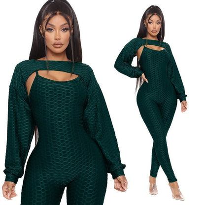 LovelyRLovely LovelyRLovely Jacquard Lantern Long Slee Dark green / 2XL LovelyRLovely Jacquard Lantern Long Sleeve Top And Jumpsuit Suit