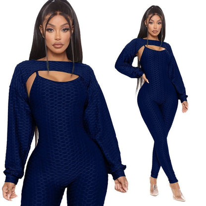 LovelyRLovely LovelyRLovely Jacquard Lantern Long Slee Navy Blue / 2XL LovelyRLovely Jacquard Lantern Long Sleeve Top And Jumpsuit Suit