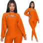 LovelyRLovely LovelyRLovely Jacquard Lantern Long Slee Orange / 2XL LovelyRLovely Jacquard Lantern Long Sleeve Top And Jumpsuit Suit