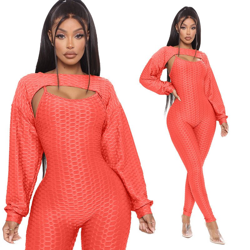 LovelyRLovely LovelyRLovely Jacquard Lantern Long Slee Orange red / 2XL LovelyRLovely Jacquard Lantern Long Sleeve Top And Jumpsuit Suit