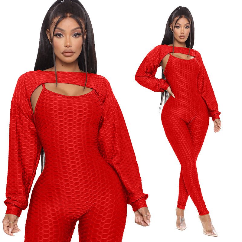 LovelyRLovely LovelyRLovely Jacquard Lantern Long Slee Red / 2XL LovelyRLovely Jacquard Lantern Long Sleeve Top And Jumpsuit Suit