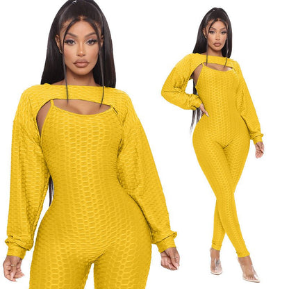 LovelyRLovely LovelyRLovely Jacquard Lantern Long Slee Yellow / 2XL LovelyRLovely Jacquard Lantern Long Sleeve Top And Jumpsuit Suit