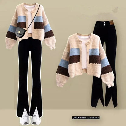 LovelyRLovely LovelyRLovely Knitted Sweater Jacket+jeans 2pcs Suit Beige Set / XXXL LovelyRLovely Knitted Sweater Jacket+jeans 2pcs Suit