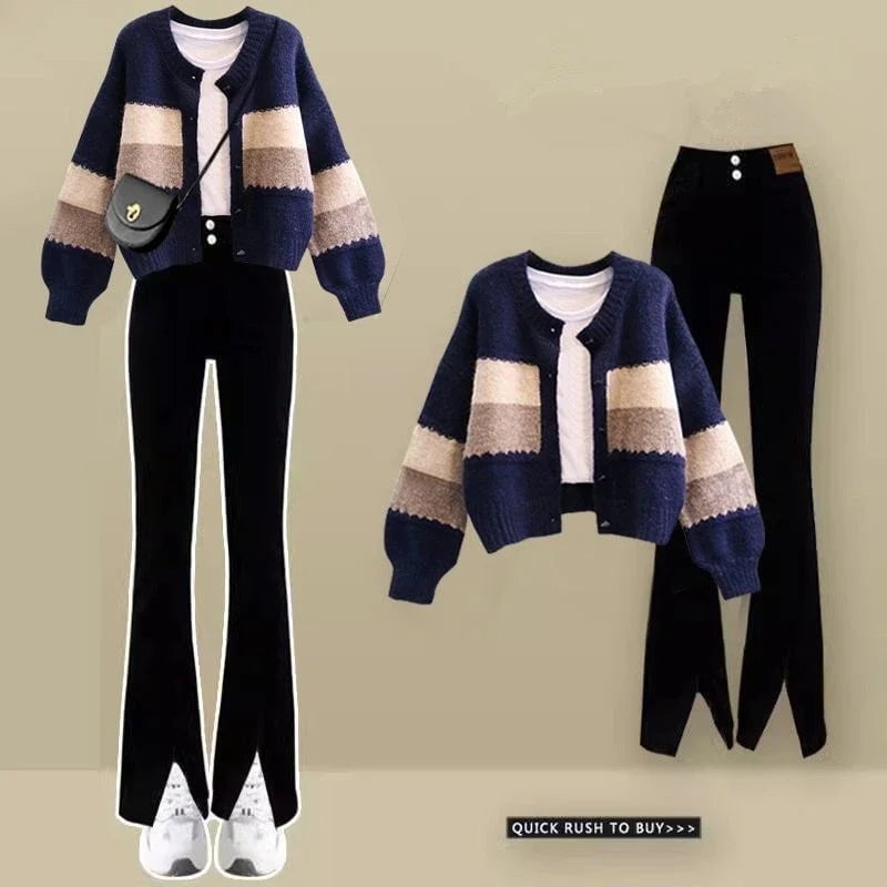 LovelyRLovely LovelyRLovely Knitted Sweater Jacket+jeans 2pcs Suit Blue Set / XXXL LovelyRLovely Knitted Sweater Jacket+jeans 2pcs Suit