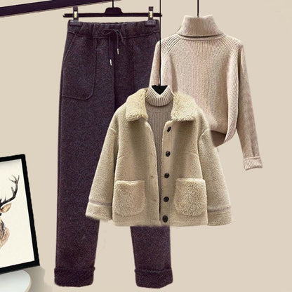 LovelyRLovely LovelyRLovely Lamb Wool 3pcs Sweater & P Khaki Apricot Black / 3XL LovelyRLovely Lamb Wool 3pcs Sweater & Pants Set