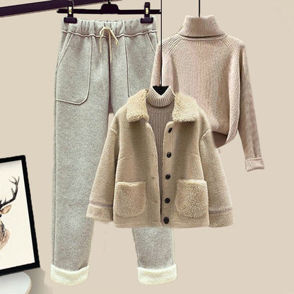 LovelyRLovely LovelyRLovely Lamb Wool 3pcs Sweater & P Khaki Apricot Gray / 3XL LovelyRLovely Lamb Wool 3pcs Sweater & Pants Set