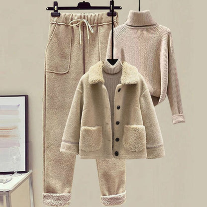 LovelyRLovely LovelyRLovely Lamb Wool 3pcs Sweater & P Khaki Apricot Khaki / 3XL LovelyRLovely Lamb Wool 3pcs Sweater & Pants Set