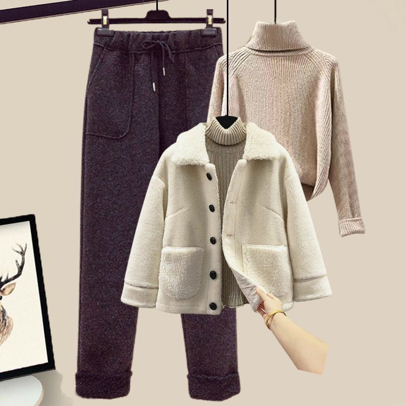 LovelyRLovely LovelyRLovely Lamb Wool 3pcs Sweater & P White Apricot Black / 3XL LovelyRLovely Lamb Wool 3pcs Sweater & Pants Set