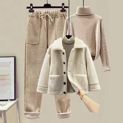 LovelyRLovely LovelyRLovely Lamb Wool 3pcs Sweater & P White Apricot Khaki / 3XL LovelyRLovely Lamb Wool 3pcs Sweater & Pants Set