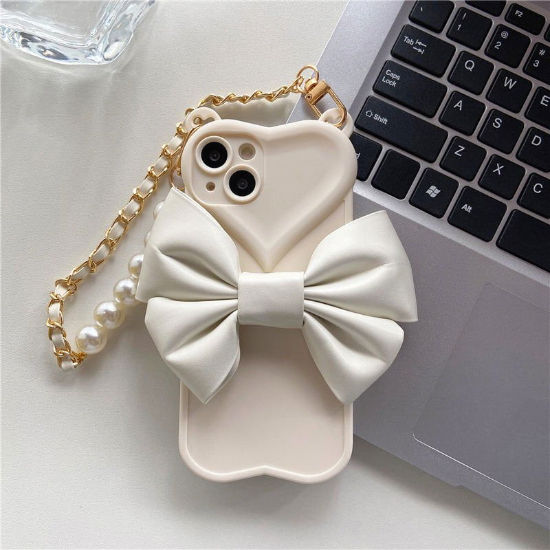 LovelyRLovely LovelyRLovely Leather Bow Hand Chain Pho Beige / IPhone X LovelyRLovely Leather Bow Hand Chain Phonecase For IPhone13promax