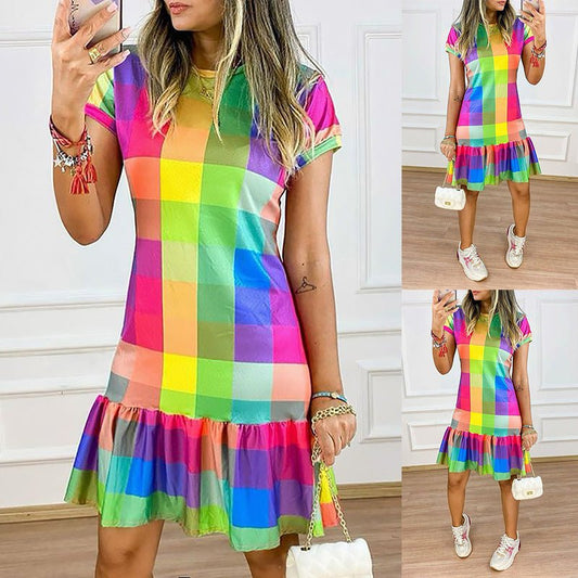 LovelyRLovely LovelyRLovely Plaid Contrast Printed Sho LovelyRLovely Plaid Contrast Printed Short-Sleeved Dress