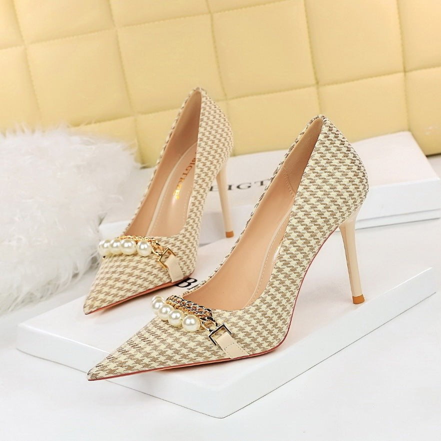 LovelyRLovely LovelyRLovely Pointed Pearl Chain Plaid 92831Apricot 9.5CM / 34 LovelyRLovely Pointed Pearl Chain Plaid Women's Shoes