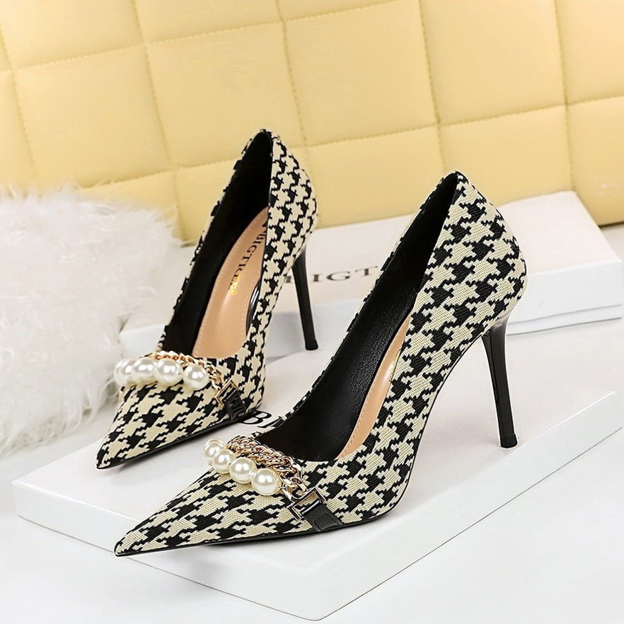 LovelyRLovely LovelyRLovely Pointed Pearl Chain Plaid 92831black 9.5CM / 34 LovelyRLovely Pointed Pearl Chain Plaid Women's Shoes