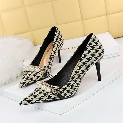 LovelyRLovely LovelyRLovely Pointed Pearl Chain Plaid 9283A1 black 7.5CM / 34 LovelyRLovely Pointed Pearl Chain Plaid Women's Shoes