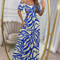 LovelyRLovely LovelyRLovely Printed One-line Collar Sh Blue / L LovelyRLovely Printed One-line Collar Short-sleeved Long Dress