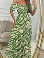 LovelyRLovely LovelyRLovely Printed One-line Collar Sh Green / L LovelyRLovely Printed One-line Collar Short-sleeved Long Dress