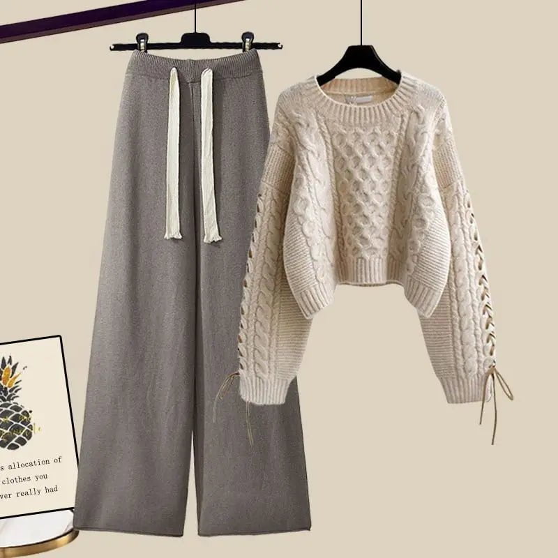 LovelyRLovely LovelyRLovely Pullover Knitted Sweater+Loose Wide Leg Pants Suit