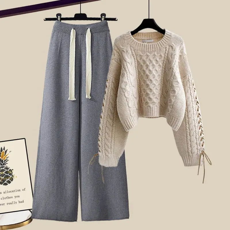 LovelyRLovely LovelyRLovely Pullover Knitted Sweater+Loose Wide Leg Pants Suit