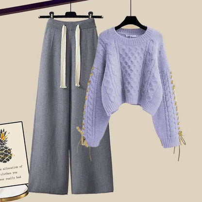 LovelyRLovely LovelyRLovely Pullover Knitted Sweater+Loose Wide Leg Pants Suit