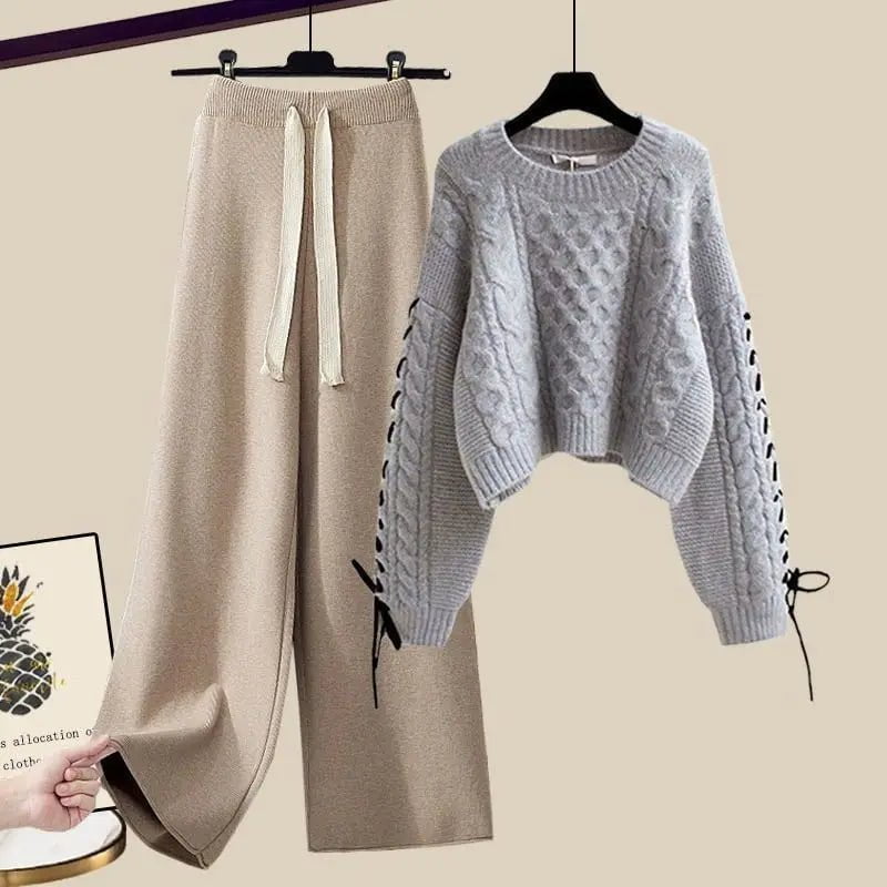 LovelyRLovely LovelyRLovely Pullover Knitted Sweater+Loose Wide Leg Pants Suit