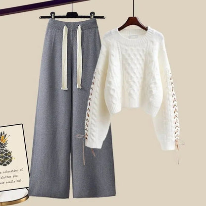 LovelyRLovely LovelyRLovely Pullover Knitted Sweater+Loose Wide Leg Pants Suit