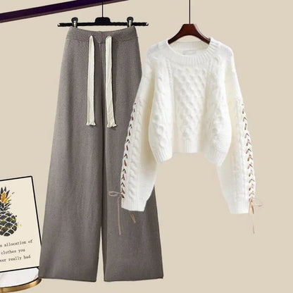 LovelyRLovely LovelyRLovely Pullover Knitted Sweater+Loose Wide Leg Pants Suit