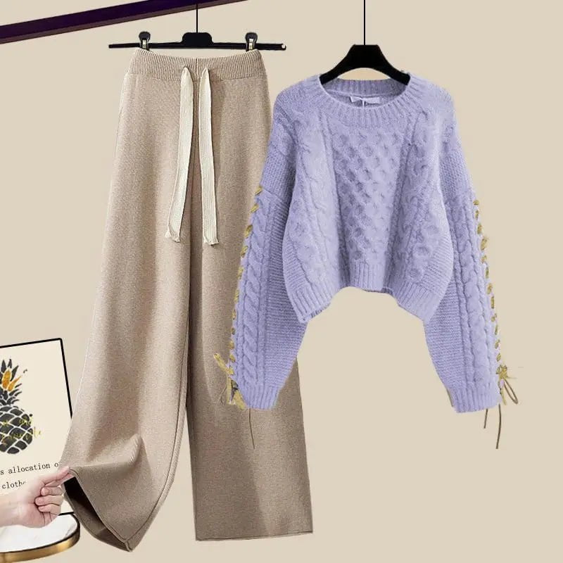 LovelyRLovely LovelyRLovely Pullover Knitted Sweater+Loose Wide Leg Pants Suit