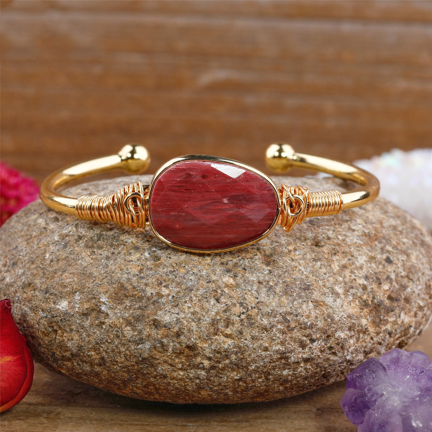 LovelyRLovely LovelyRLovely Quartz Gold Plated Copper Rhodonite LovelyRLovely Quartz Gold Plated Copper Bohemian Cuff Bracelet