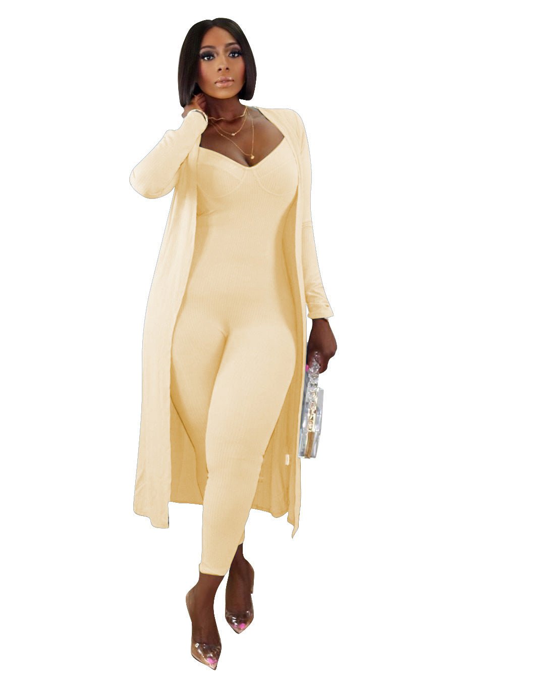 LovelyRLovely LovelyRLovely Ribbed Long-sleeved Coat A Apricot / L LovelyRLovely Ribbed Long-sleeved Coat And Bodysuit 2pcs Suit