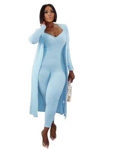 LovelyRLovely LovelyRLovely Ribbed Long-sleeved Coat A Light Blue / L LovelyRLovely Ribbed Long-sleeved Coat And Bodysuit 2pcs Suit