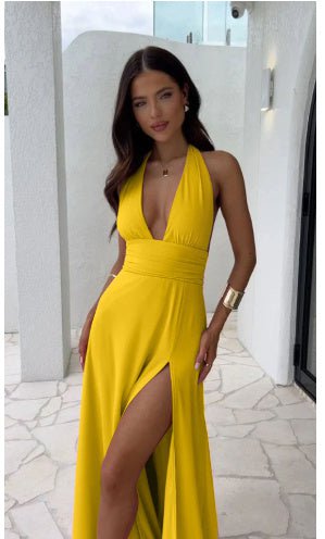 LovelyRLovely LovelyRLovely Sexy Halter-neck V-neck Sl Yellow / L LovelyRLovely Sexy Halter-neck V-neck Slit Dress