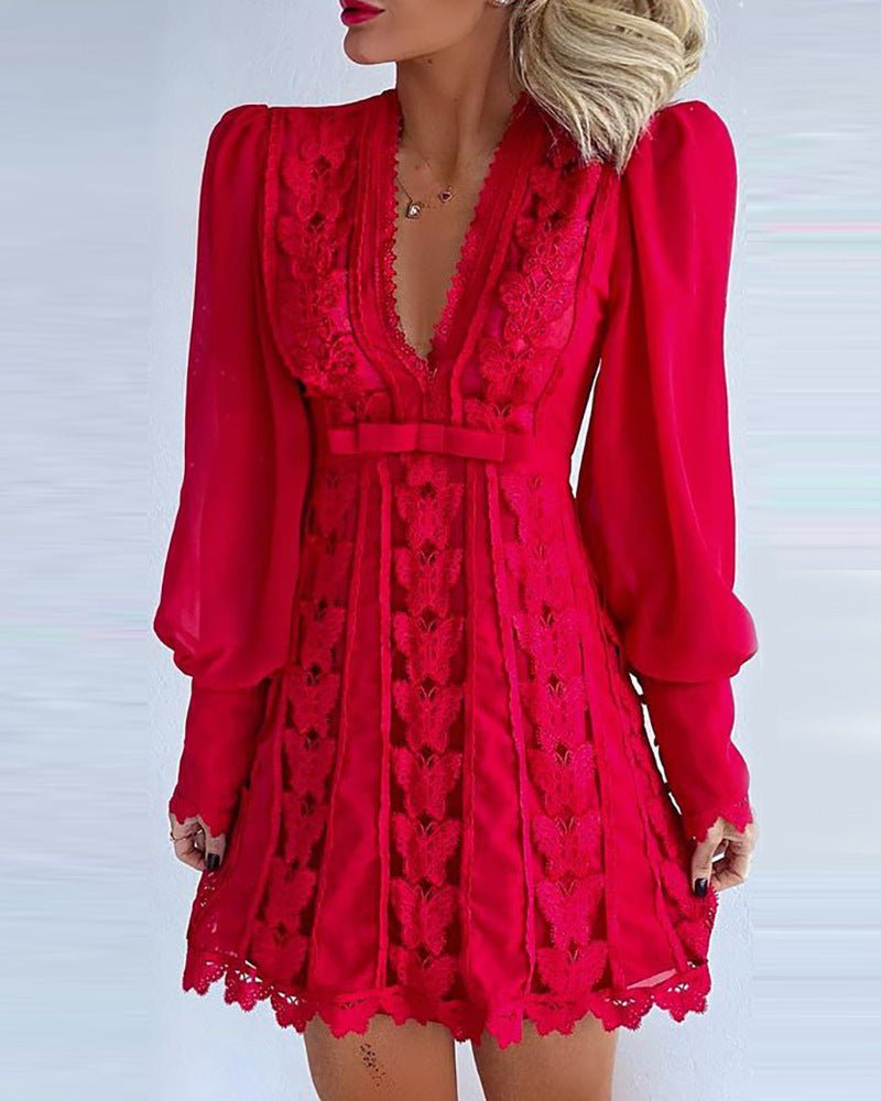 LovelyRLovely LovelyRLovely Sexy V Neck Lace Long Puff Red / L LovelyRLovely Sexy V Neck Lace Long Puff Sleeve Butterfly Dress