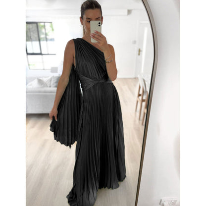 LovelyRLovely LovelyRLovely Slant Shoulder Pleated Cas Black / L LovelyRLovely Slant Shoulder Pleated Casual INS Loose Dress