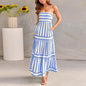 LovelyRLovely LovelyRLovely Striped Printed Suspender Blue / L LovelyRLovely Striped Printed Suspender Long Dress With Pockets