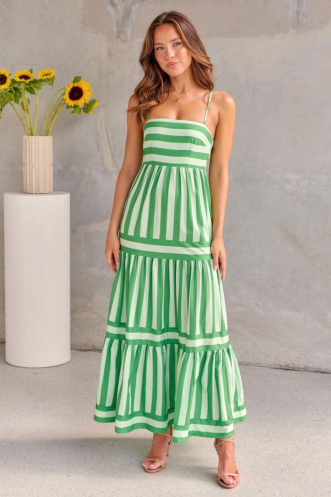 LovelyRLovely LovelyRLovely Striped Printed Suspender Green / L LovelyRLovely Striped Printed Suspender Long Dress With Pockets