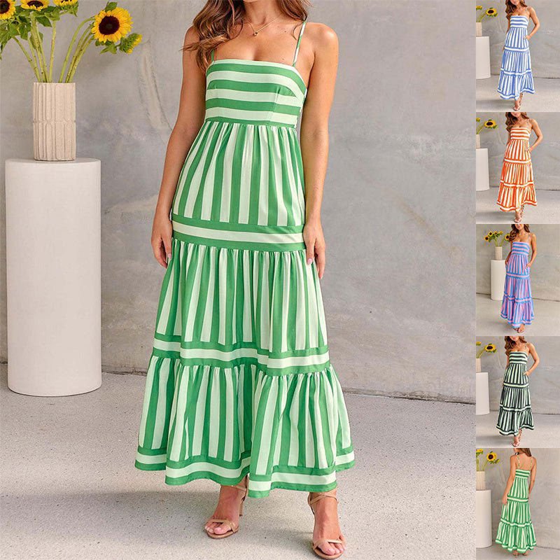 LovelyRLovely LovelyRLovely Striped Printed Suspender LovelyRLovely Striped Printed Suspender Long Dress With Pockets