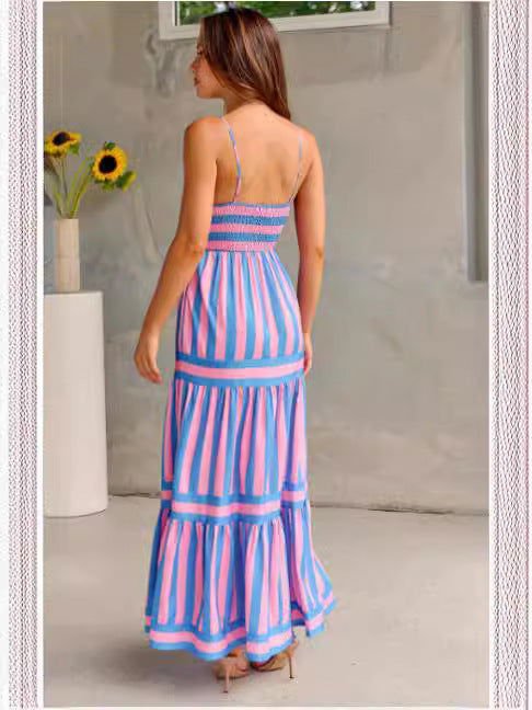 LovelyRLovely LovelyRLovely Striped Printed Suspender LovelyRLovely Striped Printed Suspender Long Dress With Pockets