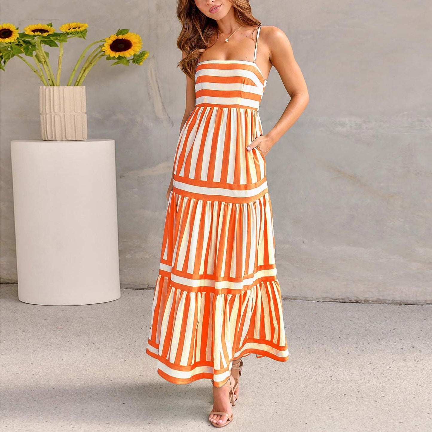 LovelyRLovely LovelyRLovely Striped Printed Suspender Orange / L LovelyRLovely Striped Printed Suspender Long Dress With Pockets