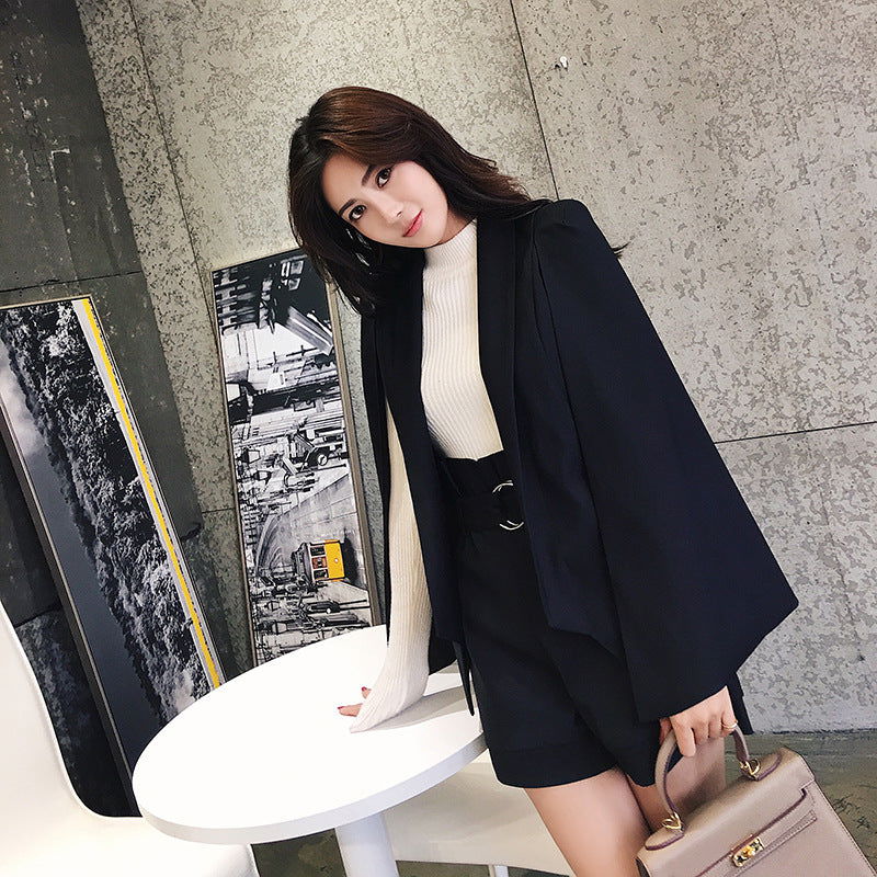 LovelyRLovely LovelyRLovely Temperament Cape Blazer Sh Black / L LovelyRLovely Temperament Cape Blazer Shorts Two-piece Suit