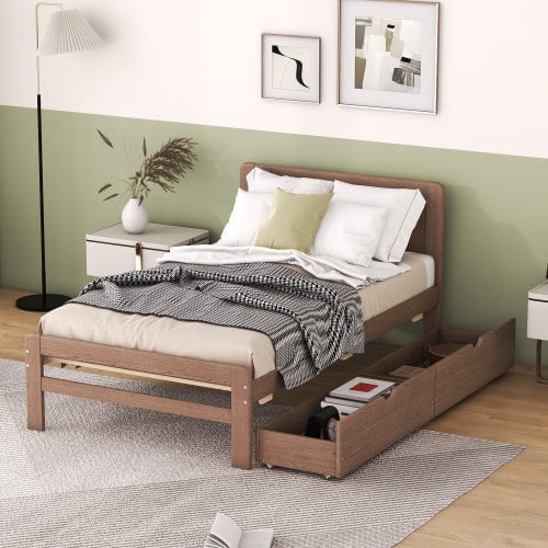 LovelyRLovely LovelyRLovely Twin Size Platform Bed Fra Walnut LovelyRLovely Twin Size Platform Bed Frame With Trundle