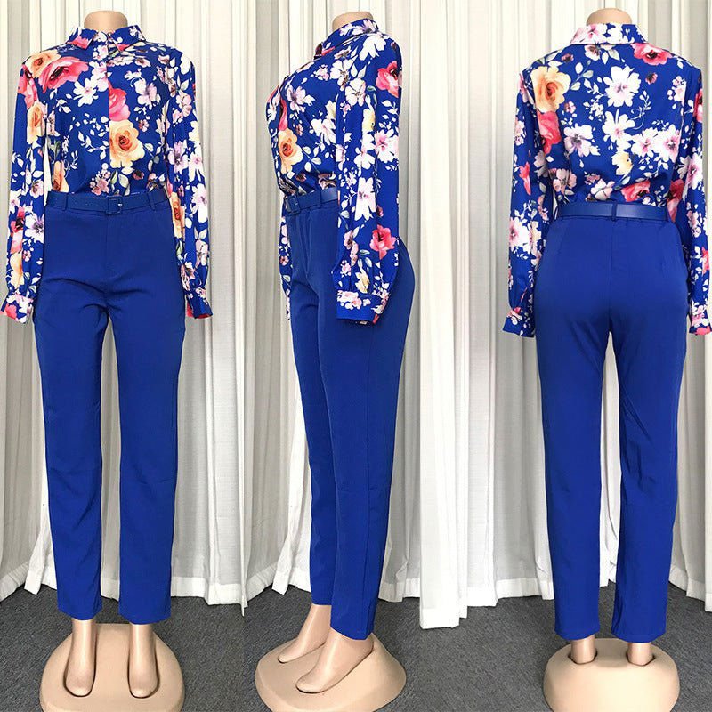 LovelyRLovely LovelyRLovely Two Piece Printing Blouse Blue / 2XL LovelyRLovely Two Piece Printing Blouse And Pants Set