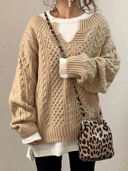 LovelyRLovely LovelyRLovely Two Toned Pattern Knitted Camel / 2XL LovelyRLovely Two Toned Pattern Knitted Sweater