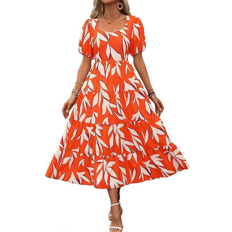 LovelyRLovely LovelyRLovely Woman Square-neck Layered Orange / L LovelyRLovely Woman Square-neck Layered Short Sleeve Printed Dress