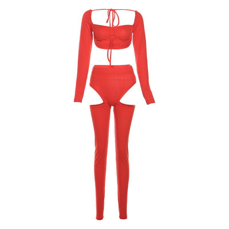 LovelyRLovely LovelyRLovely Women Hollow-out Midriff-b Red / L LovelyRLovely Women Hollow-out Midriff-baring Ripped Trousers Suit