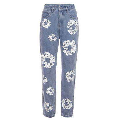 LovelyRLovely LovelyRLovely Women Printed High Waist S Blue / L LovelyRLovely Women Printed High Waist Straight Jeans