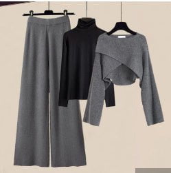 LovelyRLovely LovelyRLovely Women's 3pcs Knitted Sweate Grey Black Set / 2XL LovelyRLovely Women's 3pcs Knitted Sweater Suit