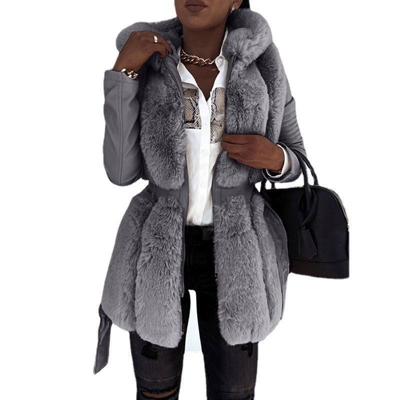 LovelyRLovely LovelyRLovely Women's Fur Belt Hooded Zi Grey / 2XL LovelyRLovely Women's Fur Belt Hooded Zipper Jacket