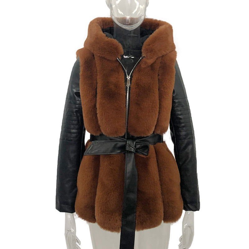 LovelyRLovely LovelyRLovely Women's Fur Belt Hooded Zi LovelyRLovely Women's Fur Belt Hooded Zipper Jacket