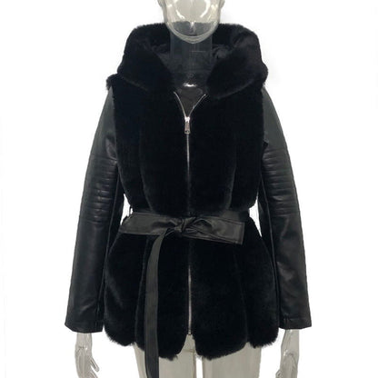 LovelyRLovely LovelyRLovely Women's Fur Belt Hooded Zi LovelyRLovely Women's Fur Belt Hooded Zipper Jacket