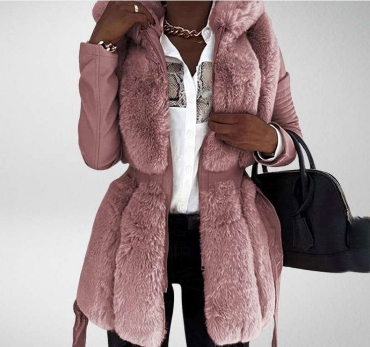 LovelyRLovely LovelyRLovely Women's Fur Belt Hooded Zi Pink / 2XL LovelyRLovely Women's Fur Belt Hooded Zipper Jacket